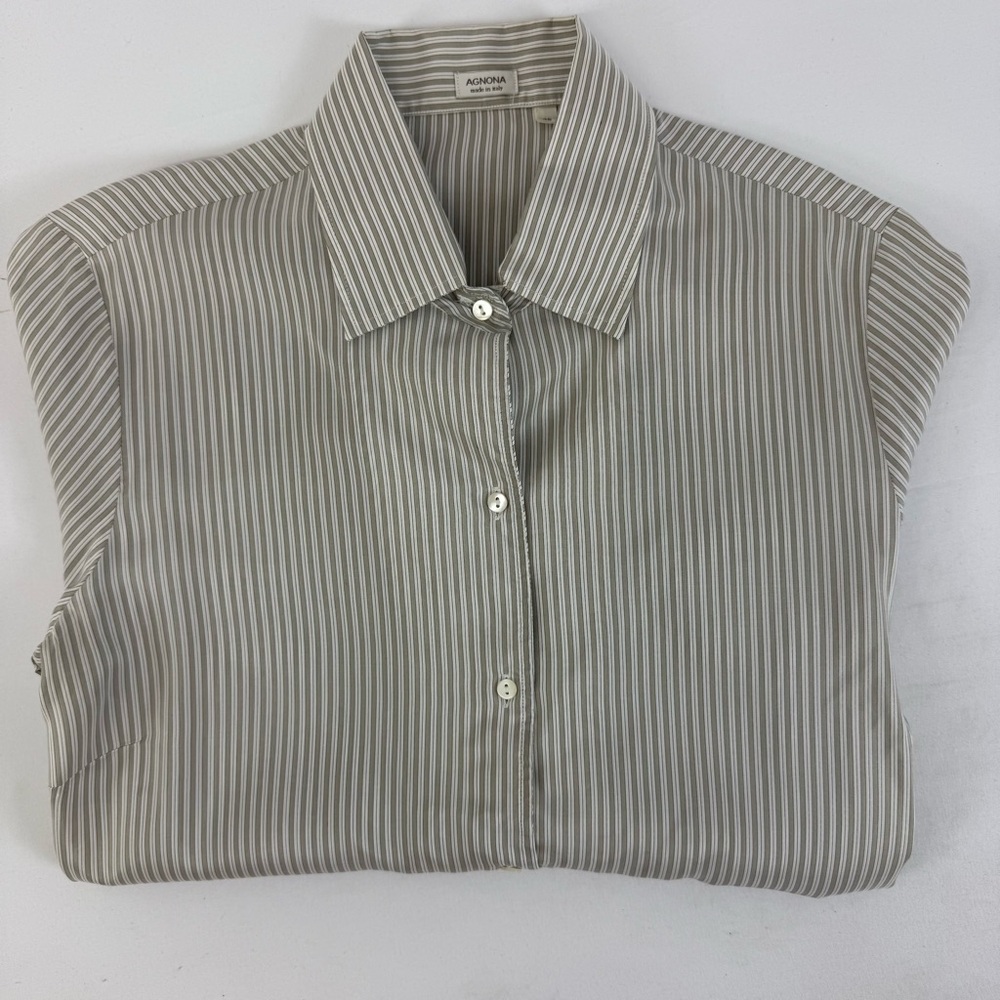 Agnona Made in Italy 100% Silk Striped‎ Collared Button-Up Shirt Size 48